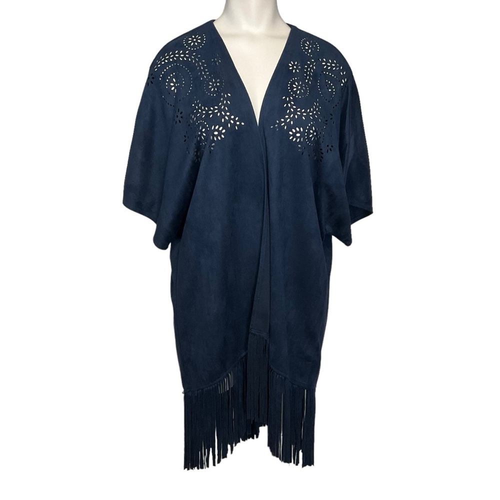 ALYA sz OSFM? Long Vest Open Front Short Sleeves Faux Suede Perforated Detail